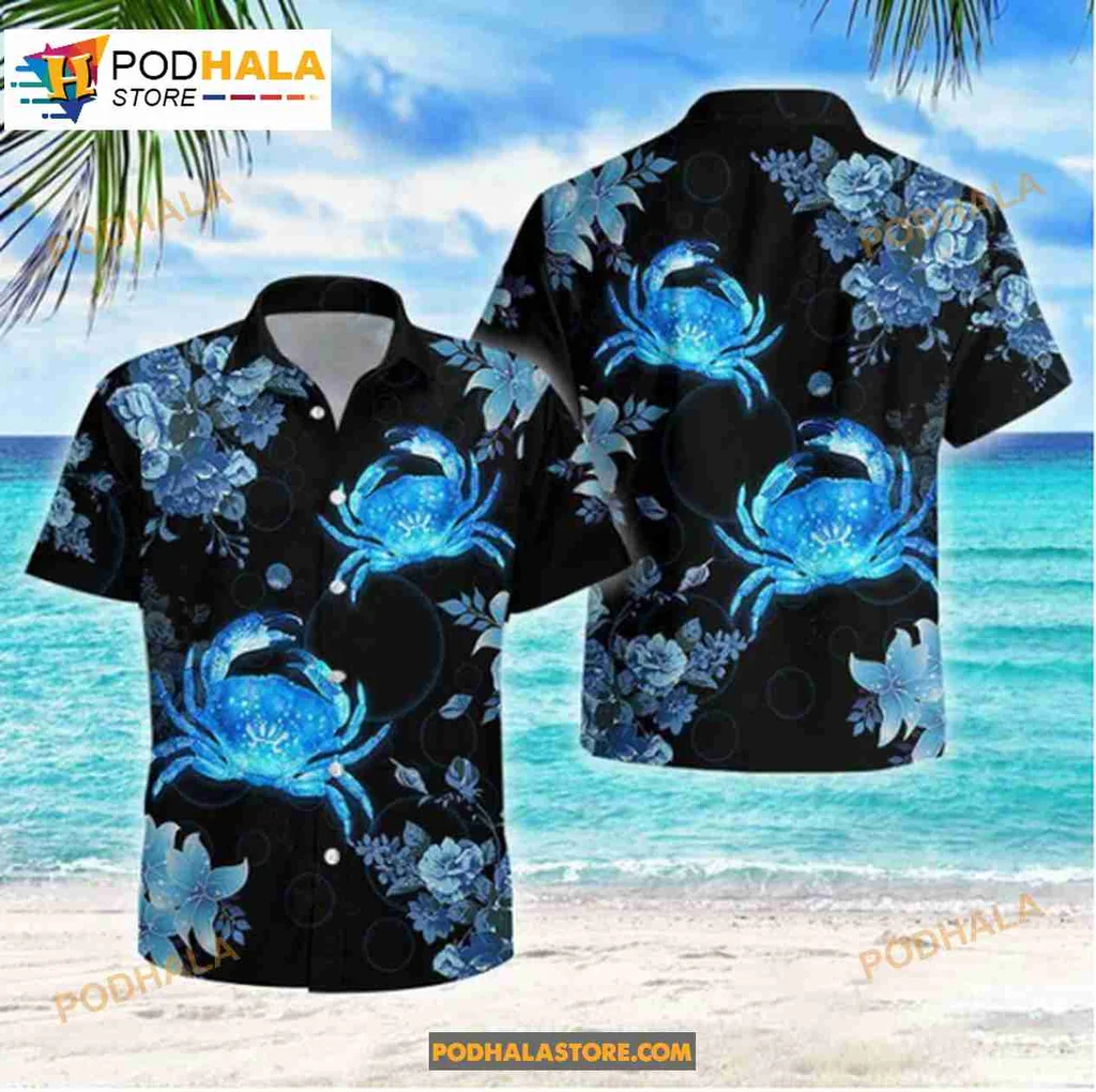Blue Crab Tropical Hawaiian Shirt With Floral Design For Summer Vibes