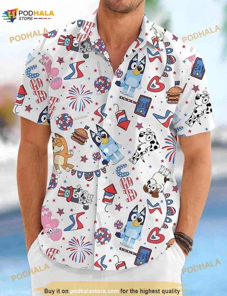 Blue Dog Cartoon Family Hawaiian Shirt With Playful Design