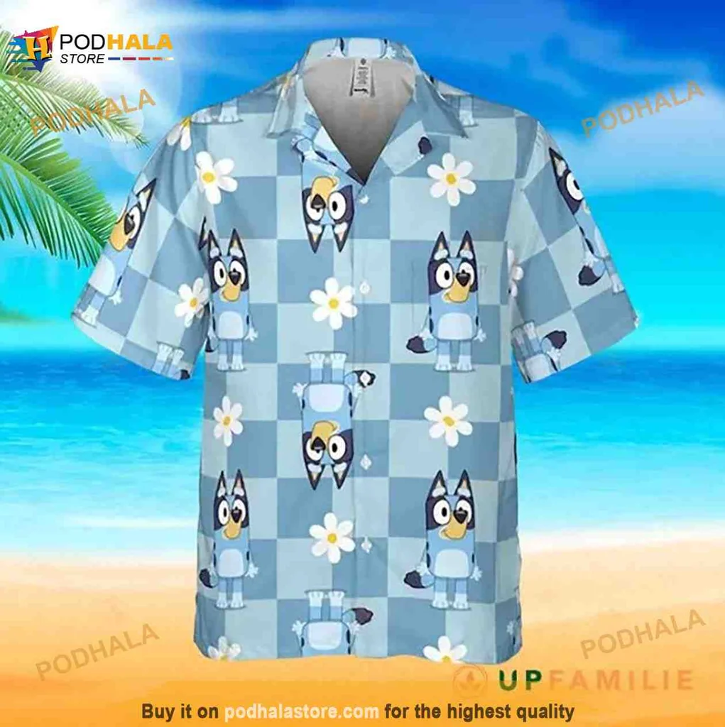 Blue Dog Cartoon Hawaiian Shirt With Playful Checkered Design