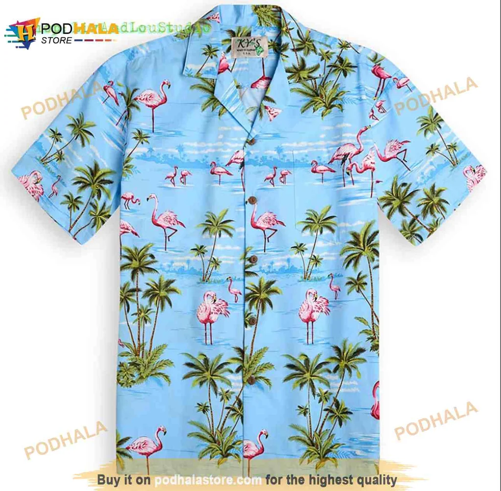 Blue Flamingo Tropical Hawaiian Shirt With Palm Trees And Water