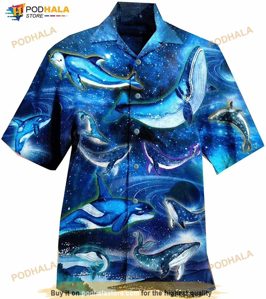Blue Galaxy Dolphin Hawaiian Shirt With Whales And Cosmic Theme