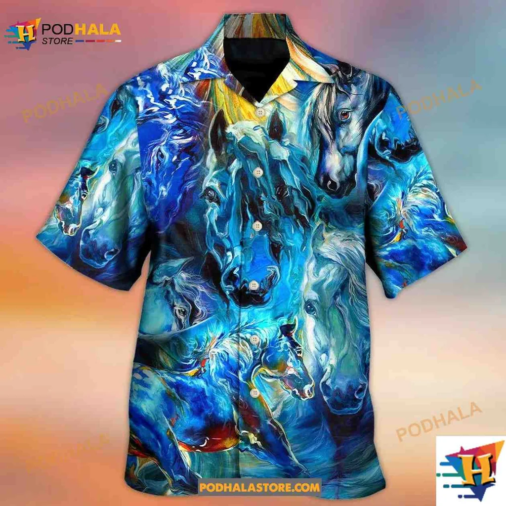 Blue Horse Face Hawaiian Shirt, Cool Art Style For Horse Lovers