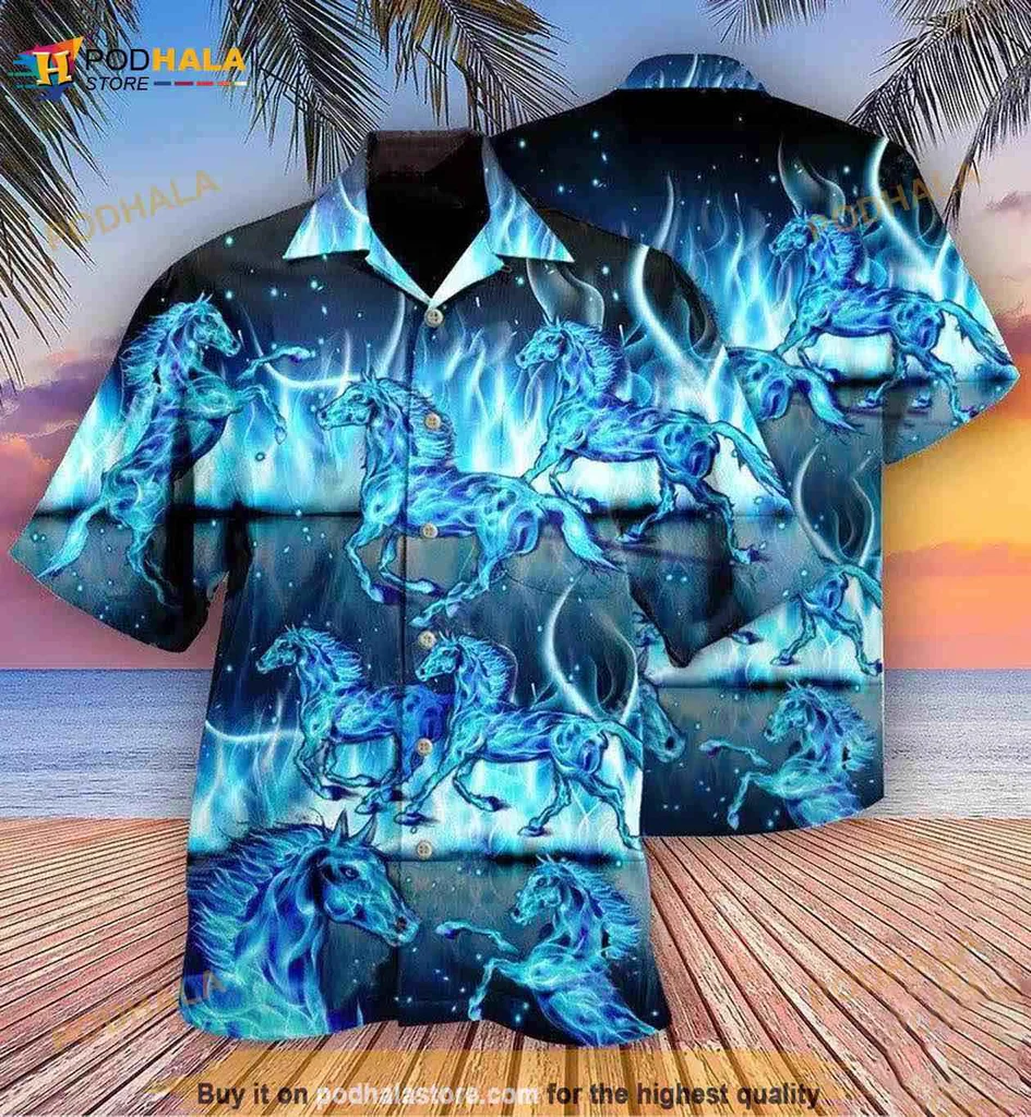 Blue Horses Hawaiian Shirt Featuring Galloping Designs And Fiery Background