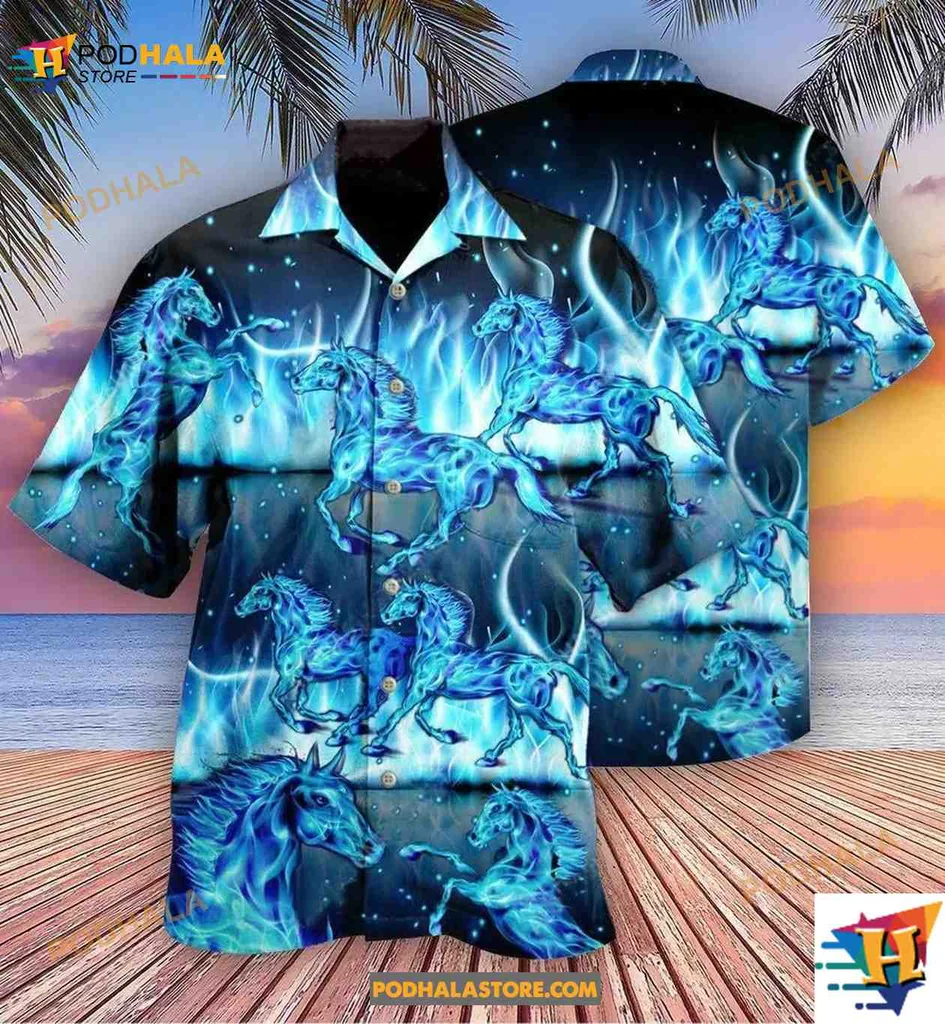 Blue Horses Hawaiian Shirt With Swirling Flames And Starry Sky