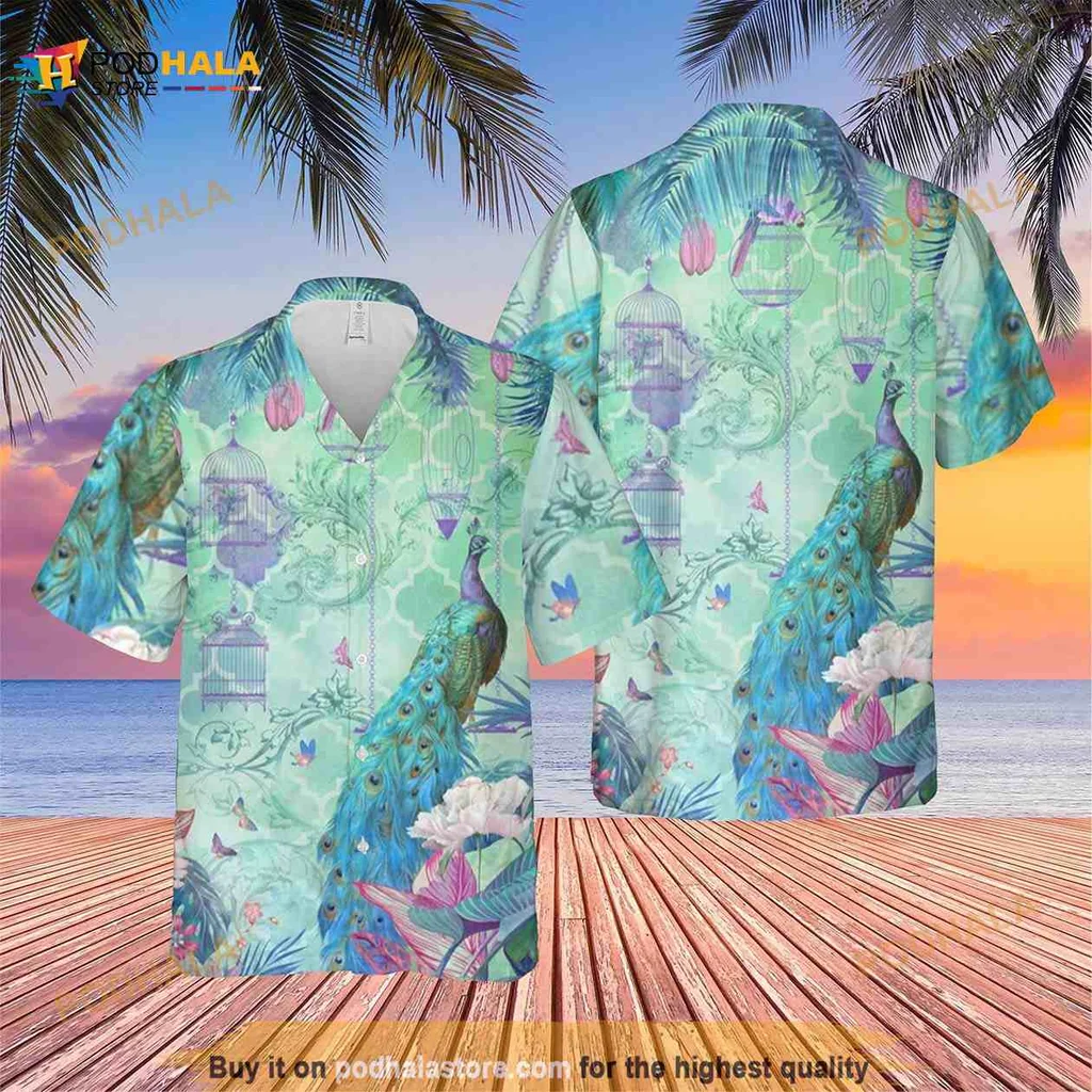 Blue Peacock Tropical Hawaiian Shirt, Colorful Summer Vacation Shirt