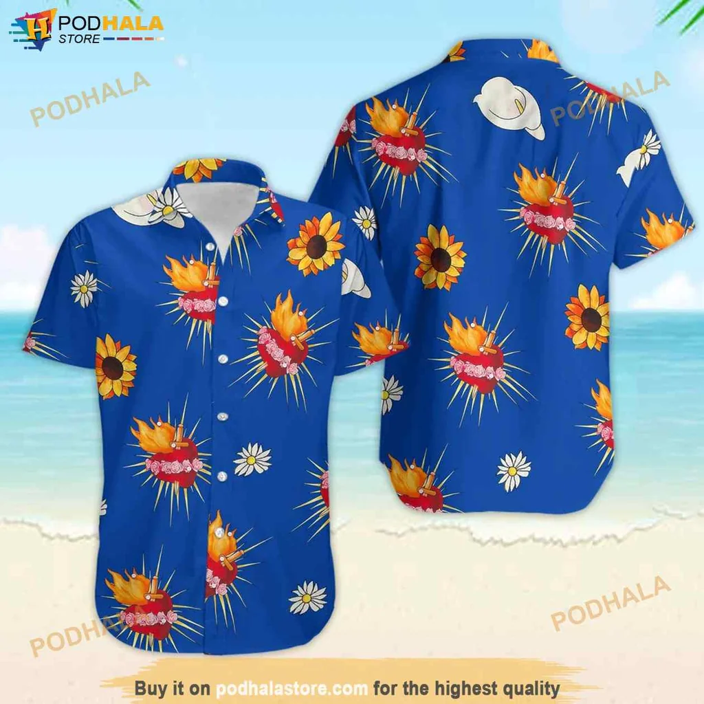 Blue Sacred Heart Hawaiian Shirt With Sunflowers And Daisies, Vibrant Summer Style