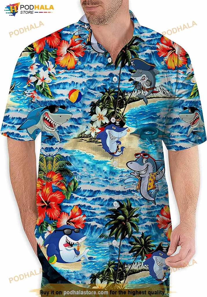 Blue Sharks Tropical Hawaiian Shirt With Hibiscus Flowers And Palm Trees