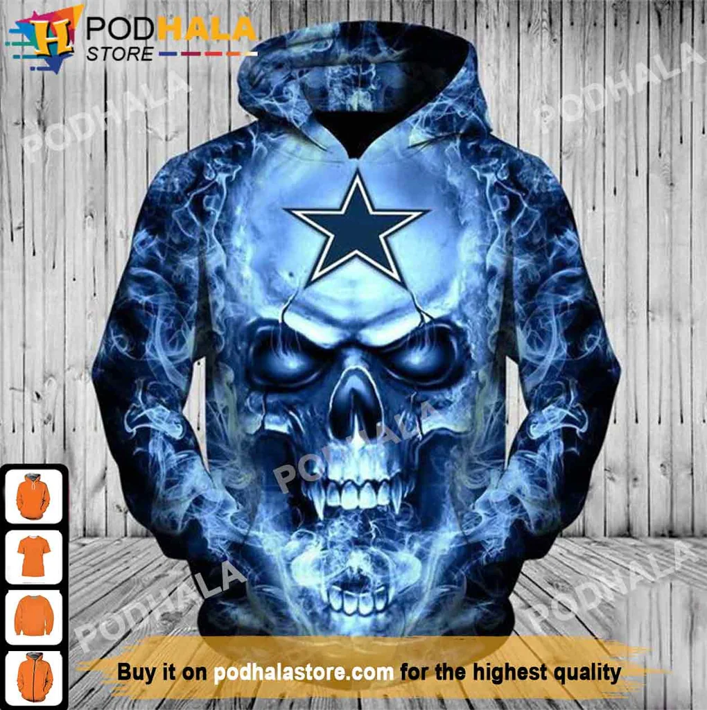 Blue Skull Dallas Cowboys 3d Hoodie With Dramatic Smoke Design