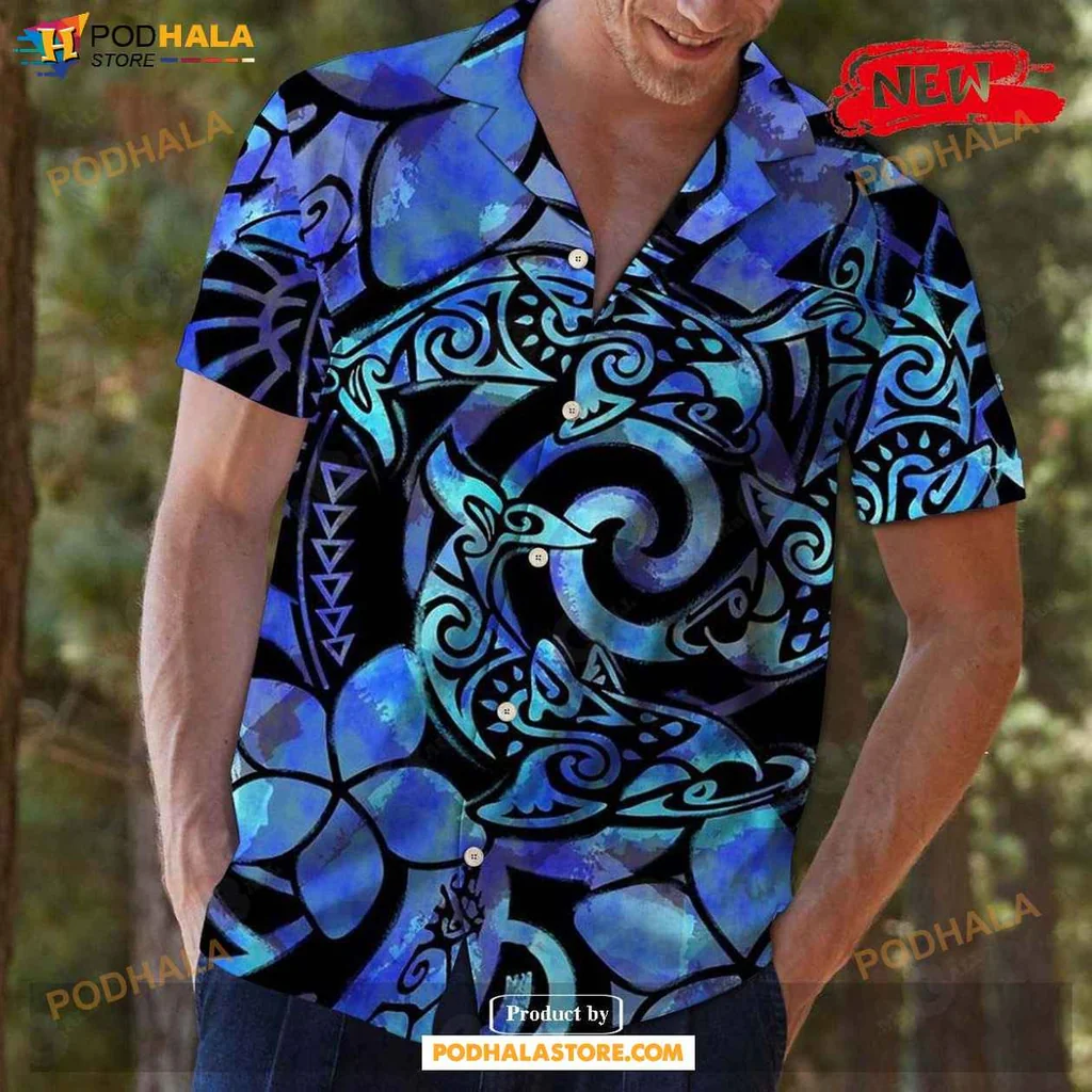Blue Tribal Dolphin Hawaiian Shirt, Vibrant Tie Dye Casual Wear For Beach Lovers