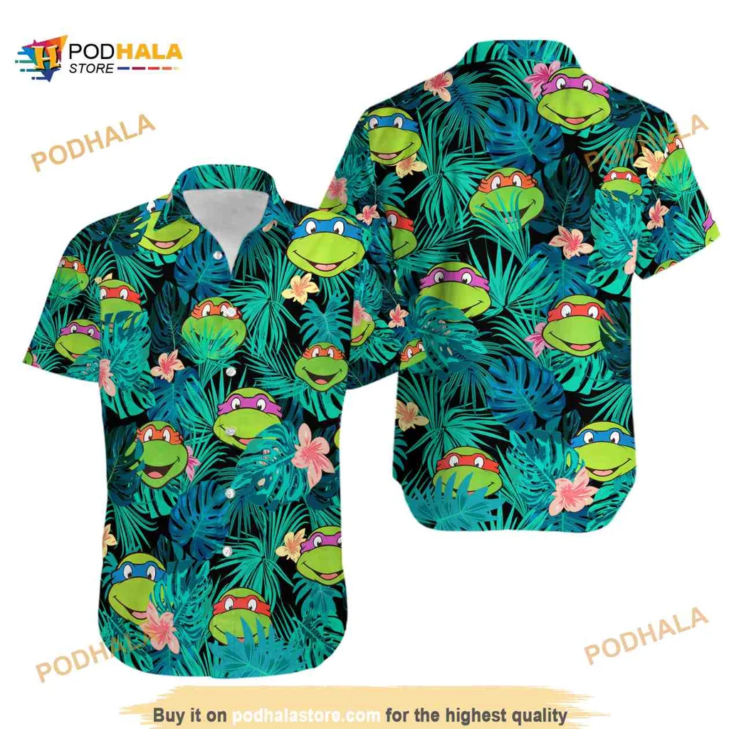 Blue Turtle Tropical Hawaiian Shirt With Lush Green Leaves And Flowers