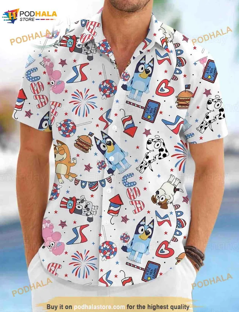 Bluey And Bingo Hawaiian Shirt Featuring Independence Day Design