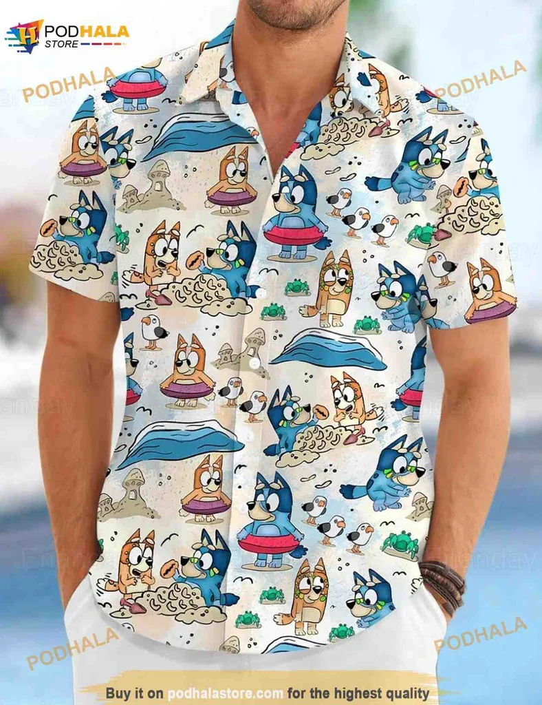 Bluey And Bingo Hawaiian Shirt, Playful Cartoon Dog Design For Summer