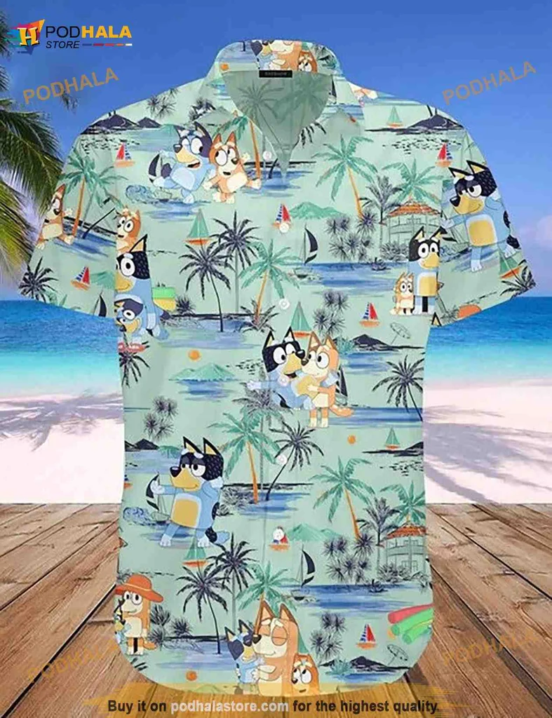 Bluey And Bingo Hawaiian Shirt, Vibrant Tropical Design With Palm Trees