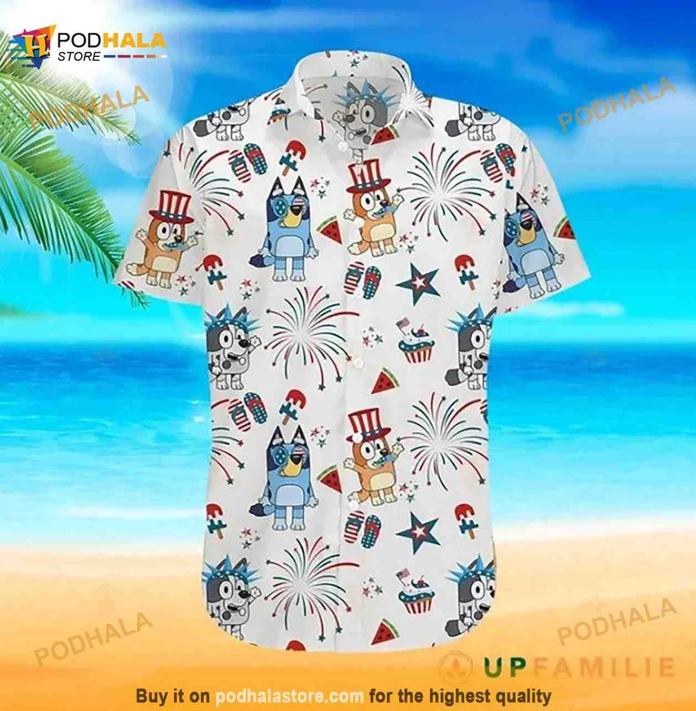 Bluey And Bingo Hawaiian Shirt With Festive Accessories For Summer Fun