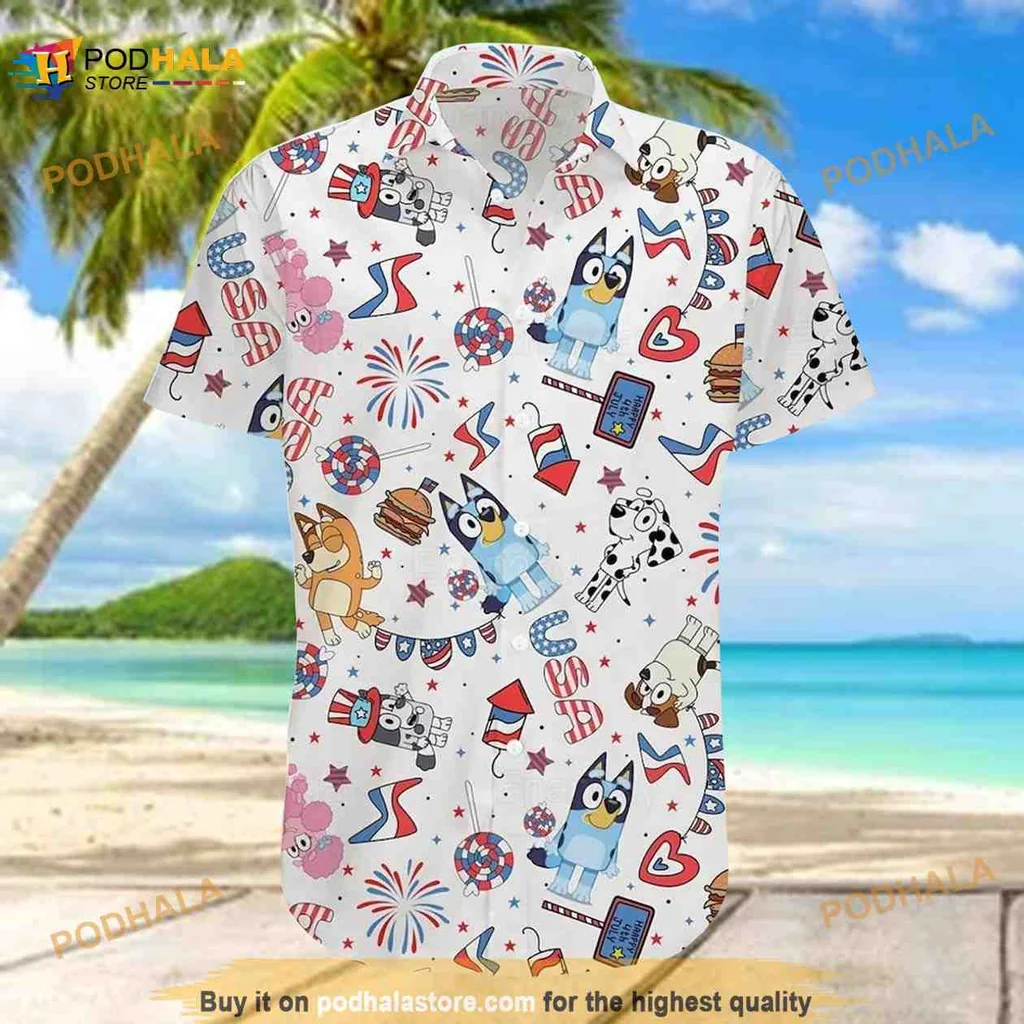 Bluey And Bingo Hawaiian Shirt With Playful Beach Icons