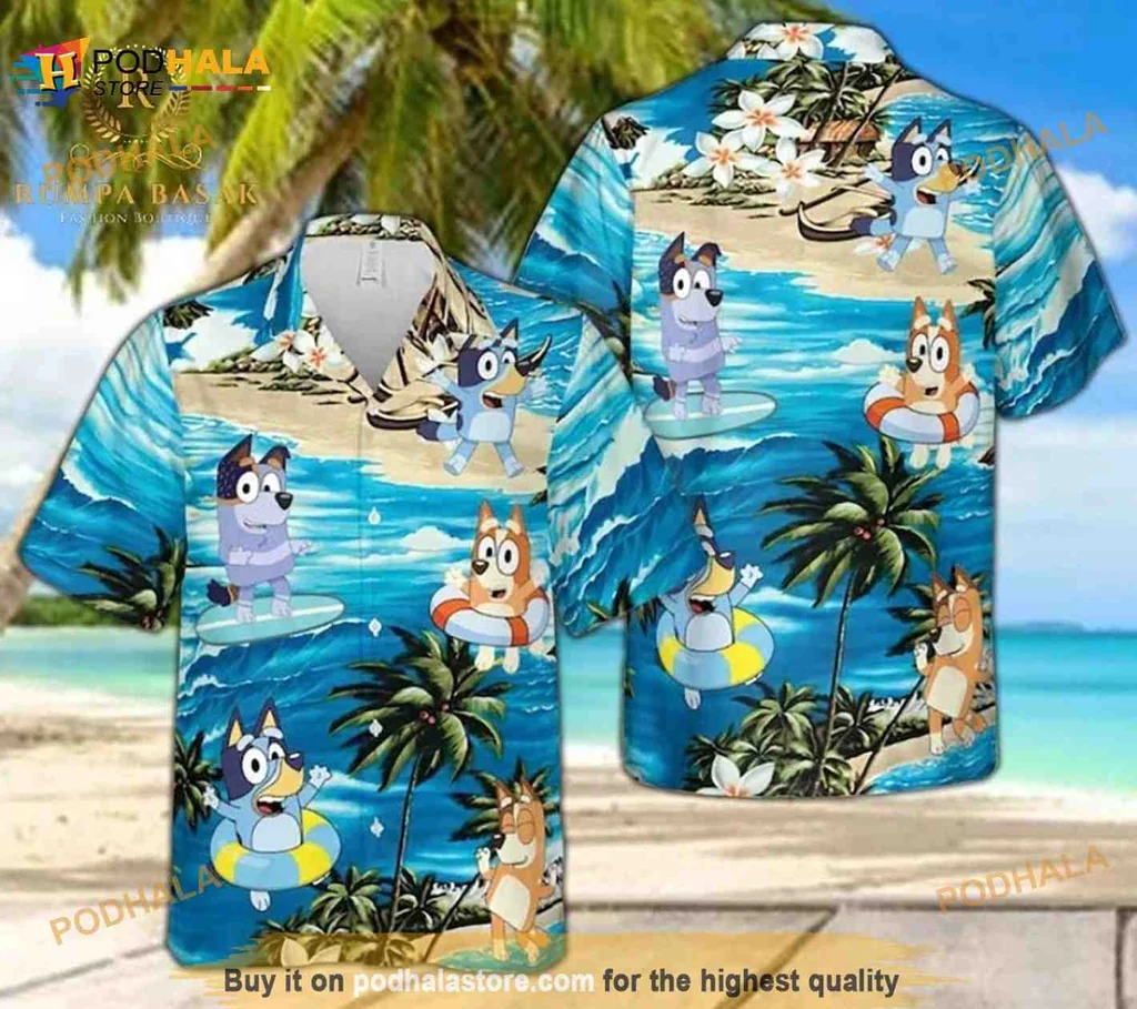 Bluey Beach Hawaiian Shirt Featuring Bluey And Bingo Characters