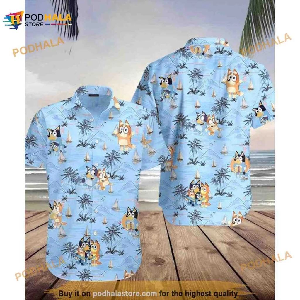 Bluey Beach Tropical Hawaiian Shirt With Cartoon Dogs And Palm Trees