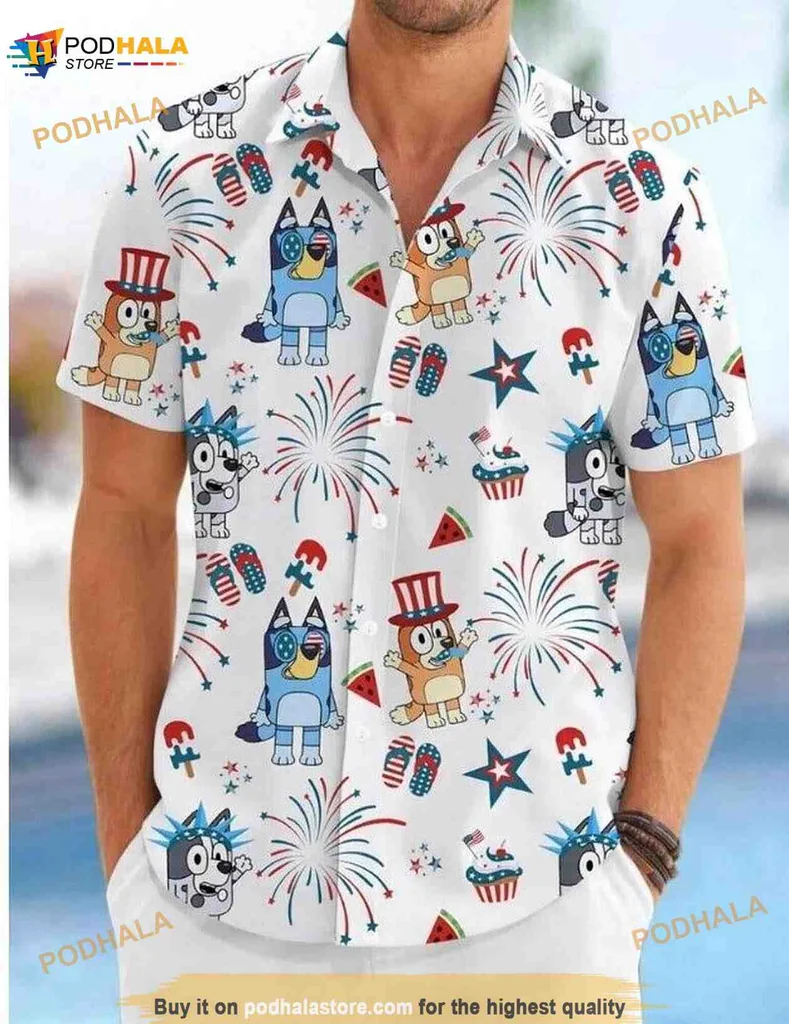 Bluey Bingo 4th Of July Hawaiian Shirt, Festive Cartoon Design