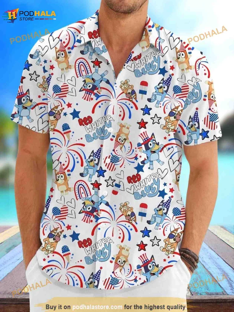 Bluey Bingo Fourth Of July Hawaiian Shirt With Patriotic Design