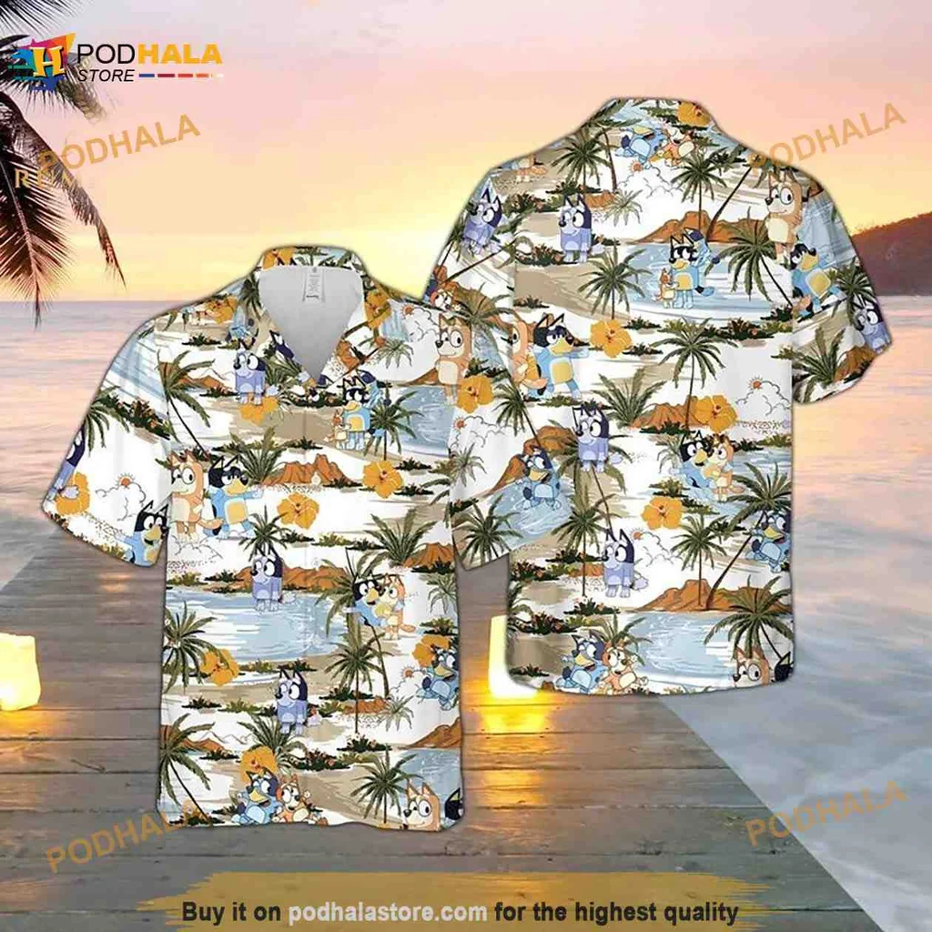 Bluey Bingo Hawaiian Shirt, Colorful Tropical Print With Playful Characters