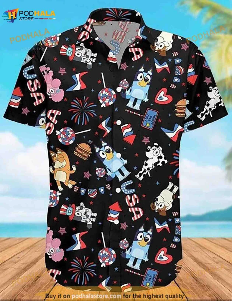 Bluey Bingo Hawaiian Shirt, Fun Cartoon Design With Festive Motifs