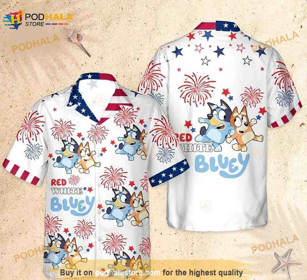 Bluey Bingo Hawaiian Shirt, Fun Family Design With Colorful Fireworks