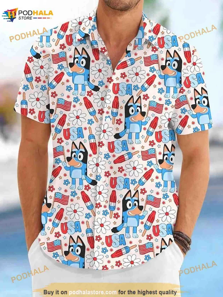 Bluey Bingo Hawaiian Shirt, Fun Family Design With Flowers And Stars