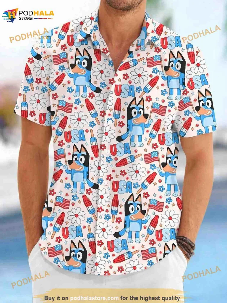 Bluey Bingo Hawaiian Shirt, Playful Blue Heeler Puppy Design