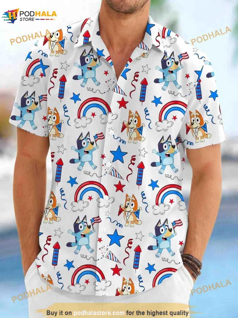 Bluey Bingo Hawaiian Shirt With Colorful Fireworks For 4th Of July