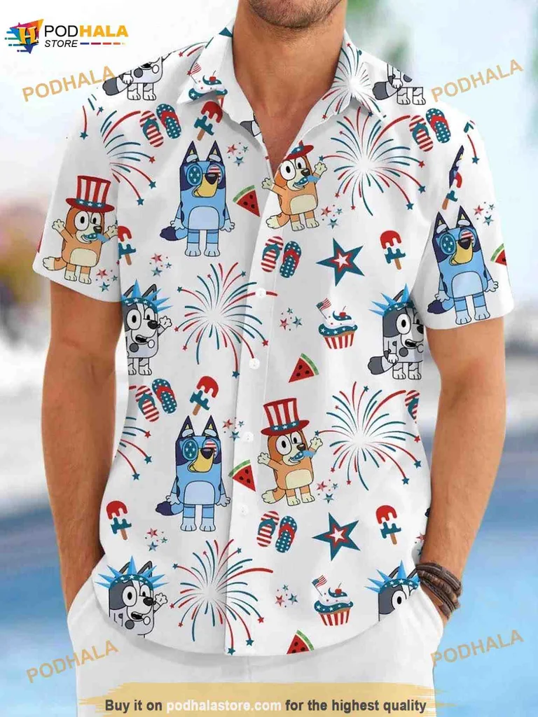 Bluey Bingo Independence Day Hawaiian Shirt With Festive Fireworks