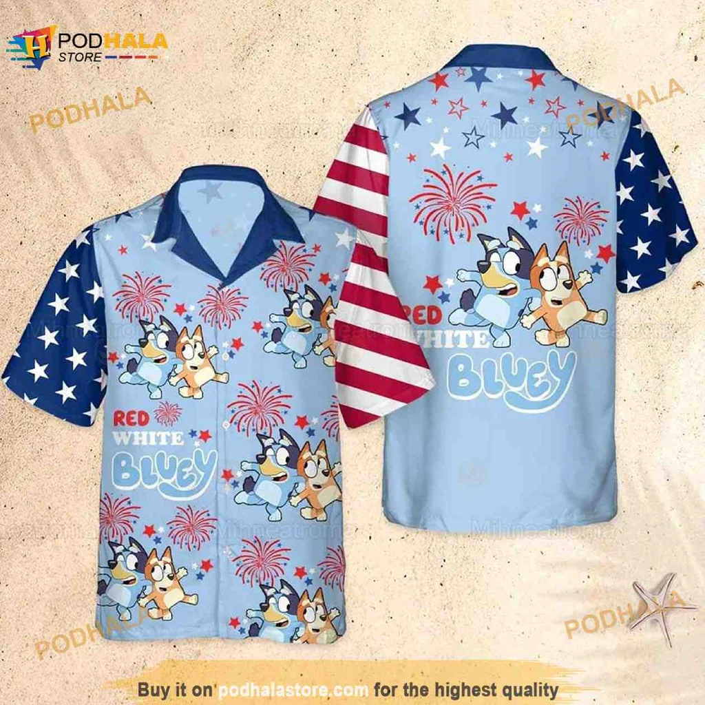 Bluey Bingo Independence Day Hawaiian Shirt With Fireworks Design