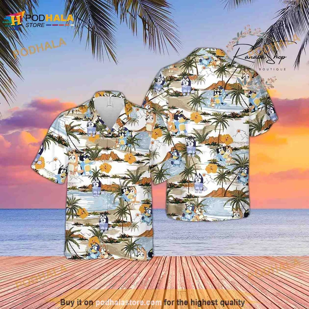 Bluey Bingo Tropical Hawaiian Shirt With Cartoon Dogs And Sunset
