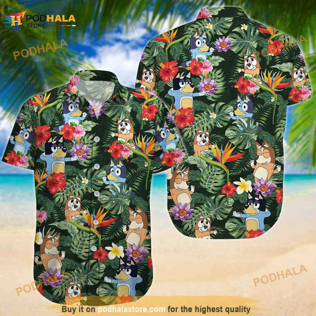 Bluey Bingo Tropical Hawaiian Shirt With Colorful Floral Design