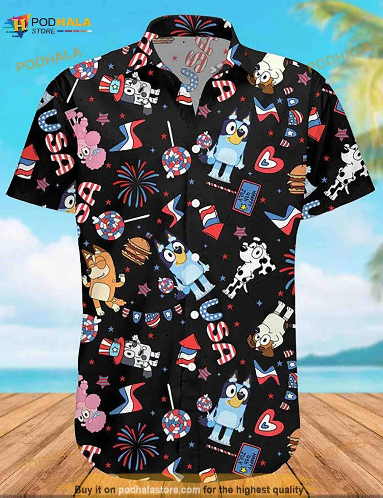 Bluey Cartoon Family Hawaiian Shirt With Patriotic Design For 4th Of July