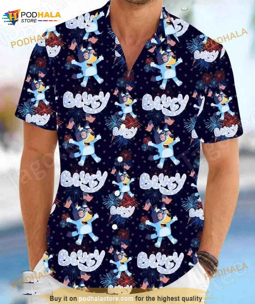 Bluey Cartoon Family Hawaiian Shirt With Playful Fireworks Design