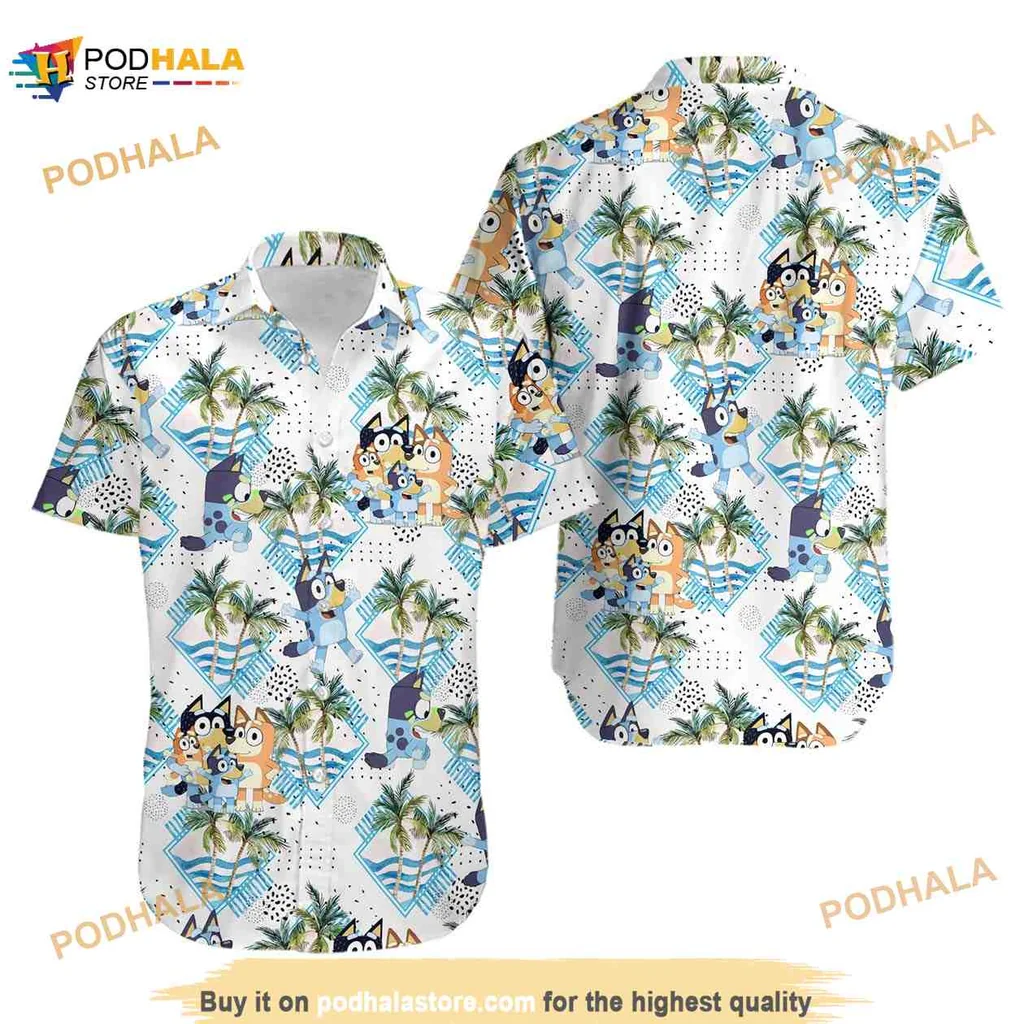Bluey Cartoon Family Hawaiian Shirt With Tropical Design For Kids