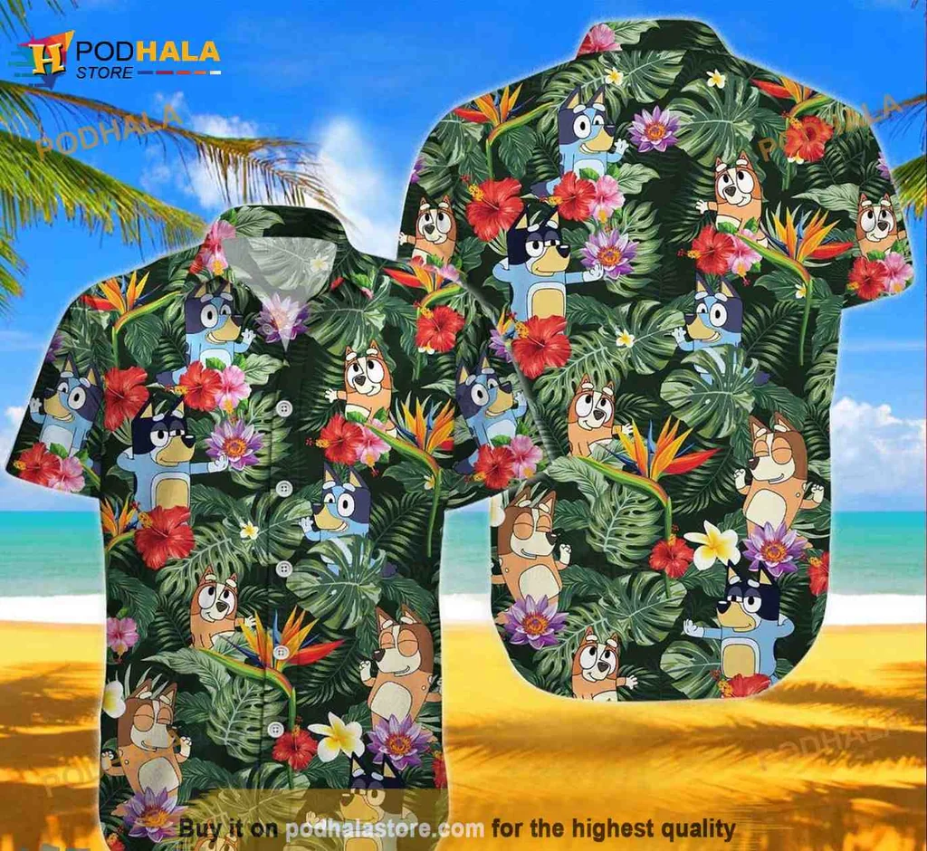 Bluey Cartoon Family Hawaiian Shirt With Tropical Flowers
