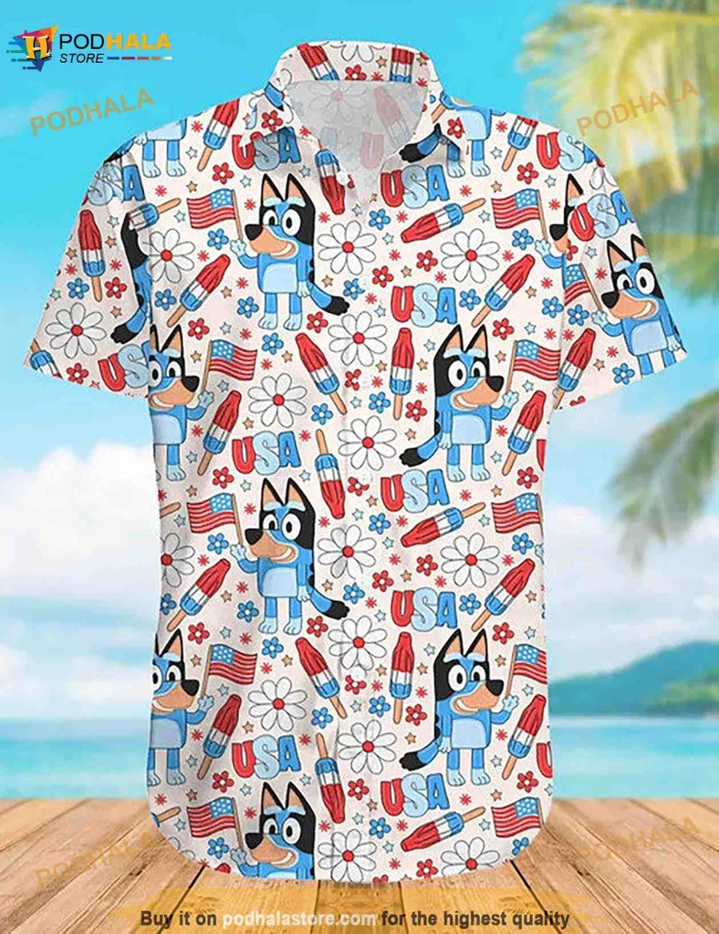 Bluey Cartoon Hawaiian Shirt With Patriotic Design For Summer Fun