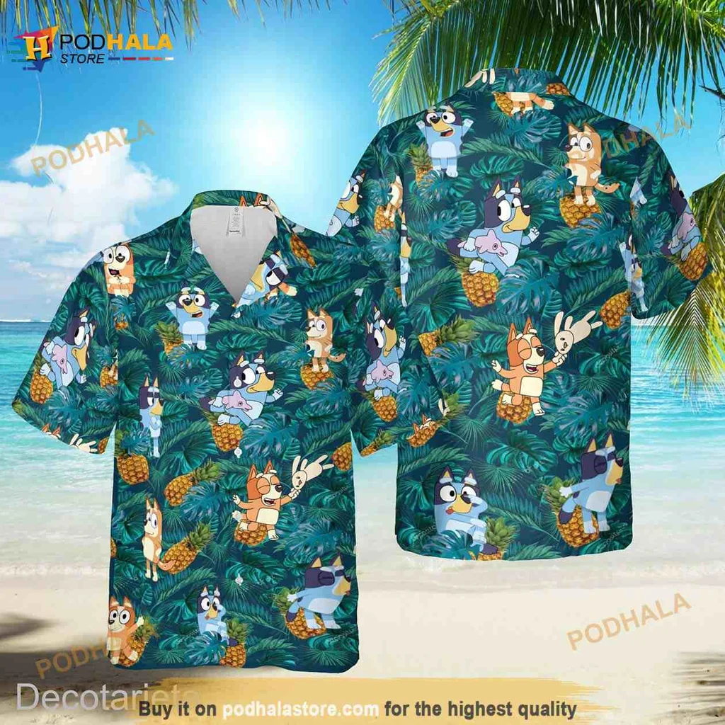 Bluey Cartoon Tropical Hawaiian Shirt With Playful Dog Design
