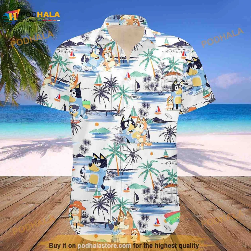 Bluey Dog Beach Hawaiian Shirt For Kids With Cartoon Characters