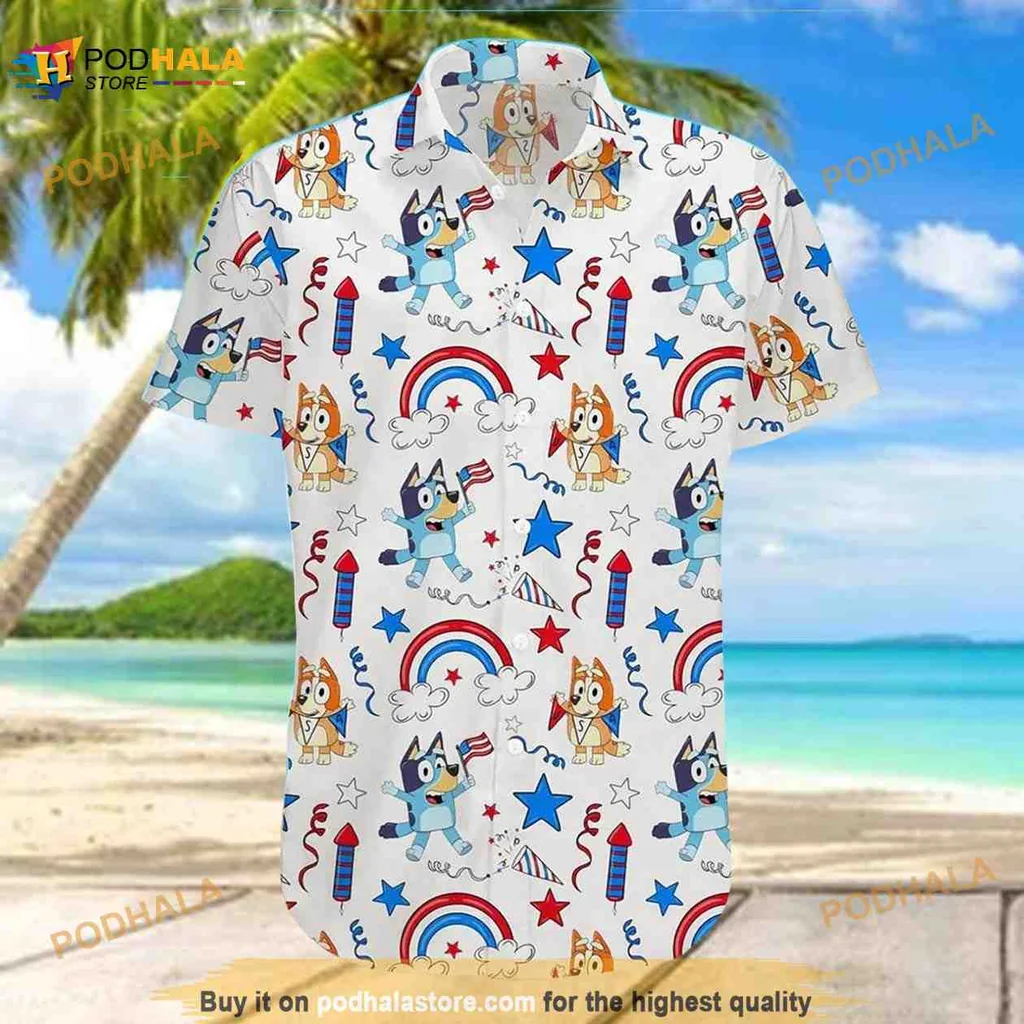 Bluey Family Cartoon Hawaiian Shirt, Fun Blue Dog And Orange Dog Design