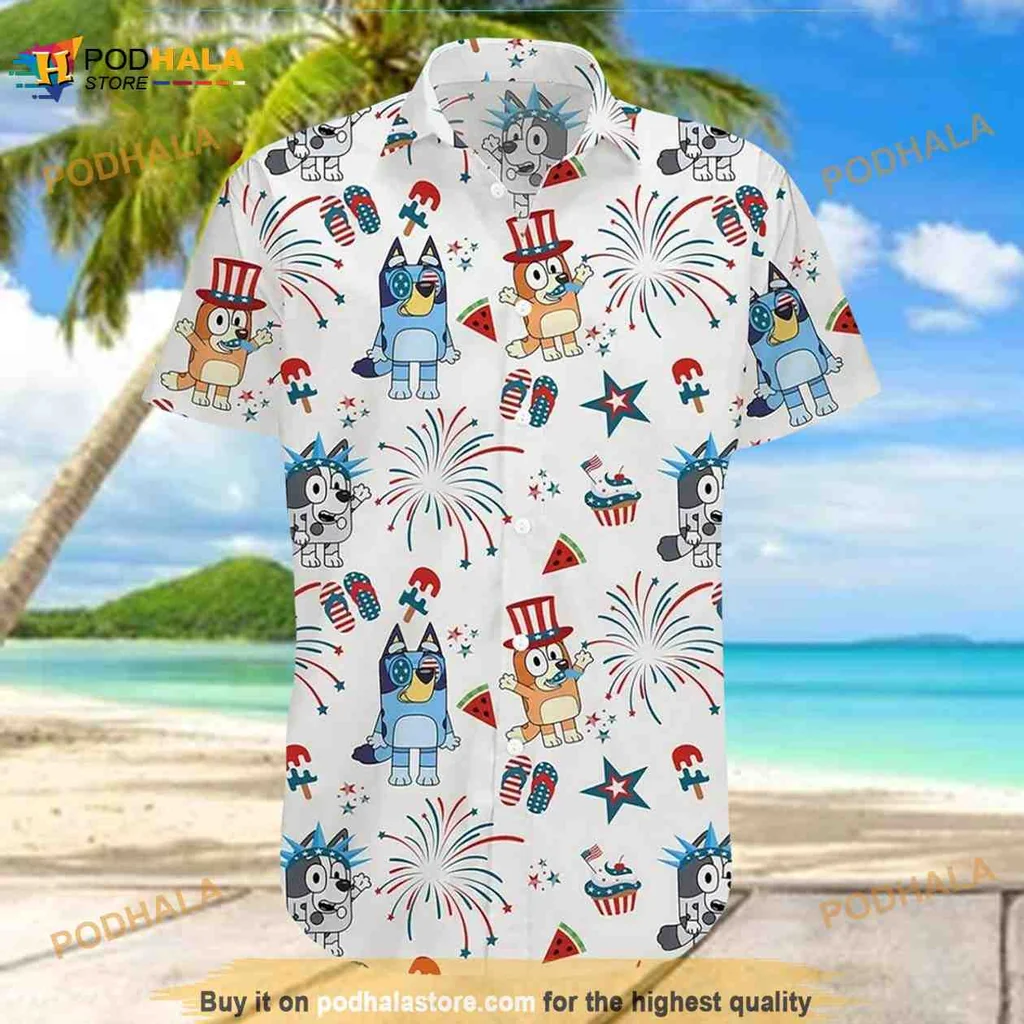 Bluey Family Fourth Of July Hawaiian Shirt With Bluey And Bingo Design