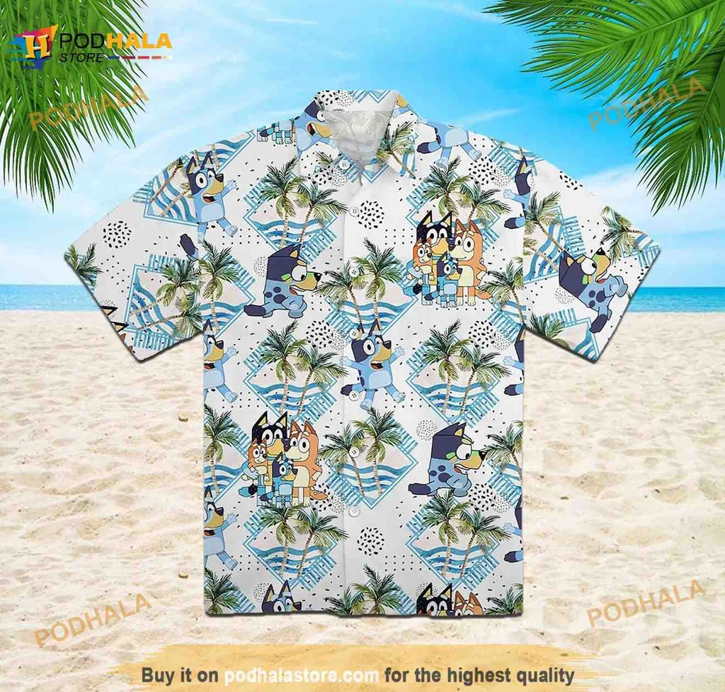 Bluey Family Hawaiian Shirt Featuring Bluey And Bandit In Tropical Design