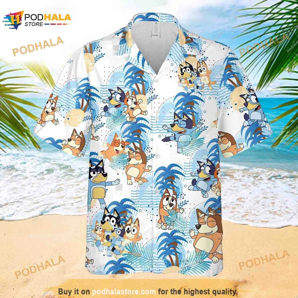 Bluey Family Hawaiian Shirt Featuring Playful Cartoon Dogs In Tropical Foliage