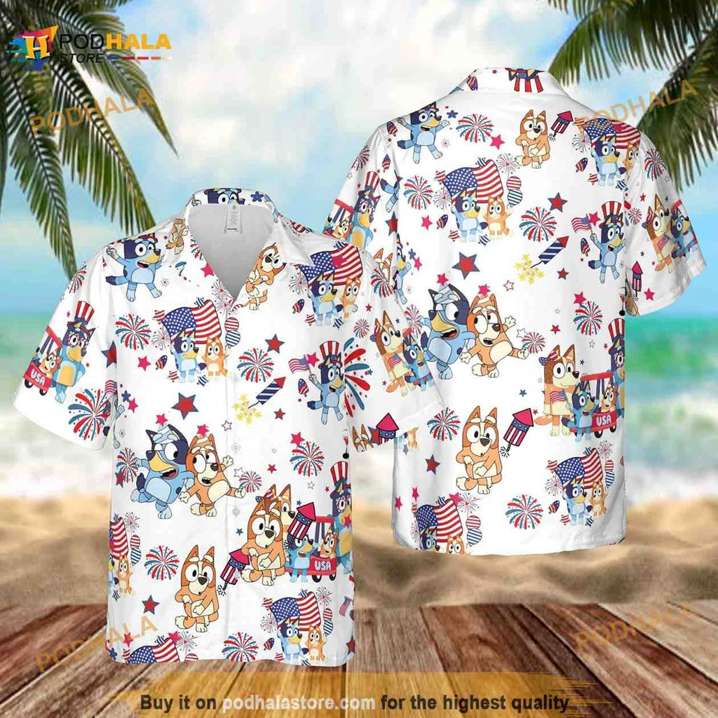 Bluey Family Hawaiian Shirt With Cartoon Characters For 4th Of July Celebrations