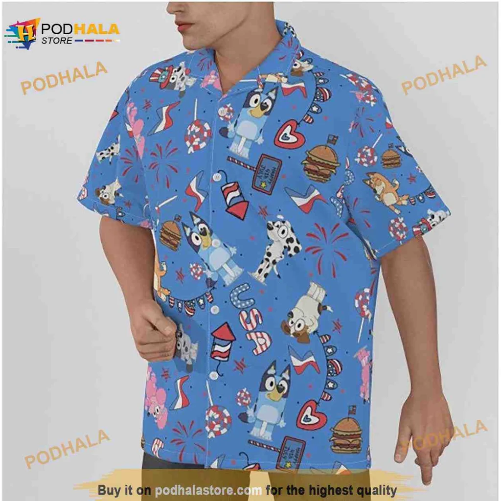 Bluey Family Hawaiian Shirt With Colorful Cartoon Characters And Festive Designs