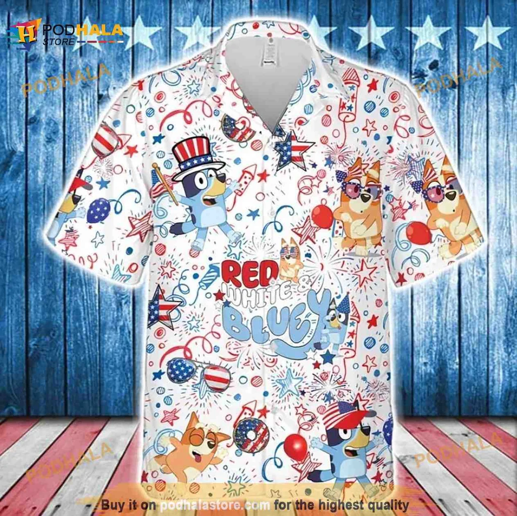 Bluey Family Hawaiian Shirt With Patriotic Characters For 4th Of July