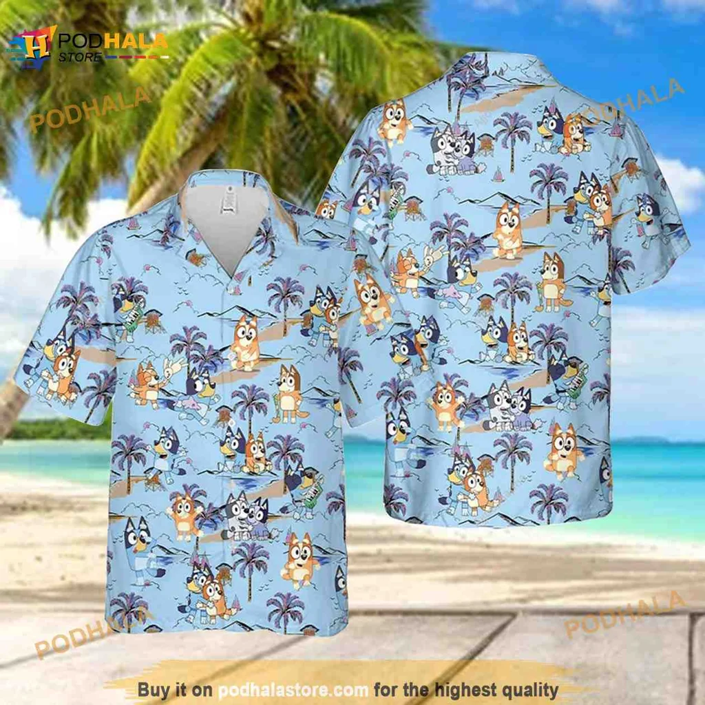 Bluey Family Tropical Hawaiian Shirt With Cartoon Characters And Palm Trees