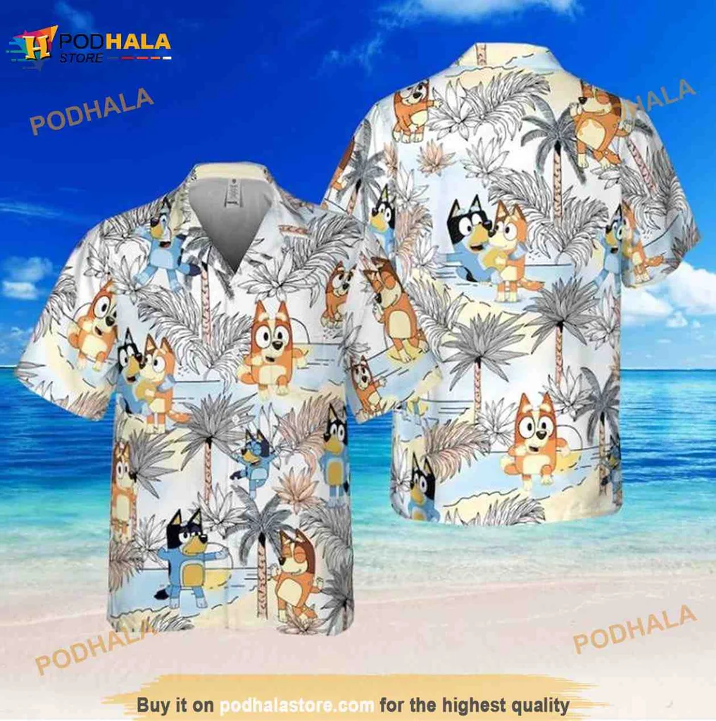 Bluey Family Tropical Hawaiian Shirt With Palm Trees And Cartoon Characters