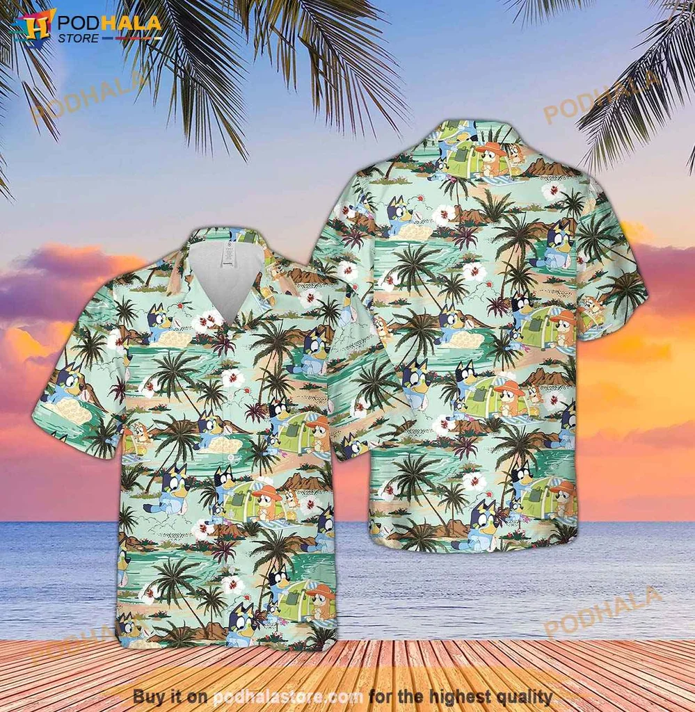 Bluey Family Vacation Aloha Shirt, Vibrant Tropical Cartoon Design For Families
